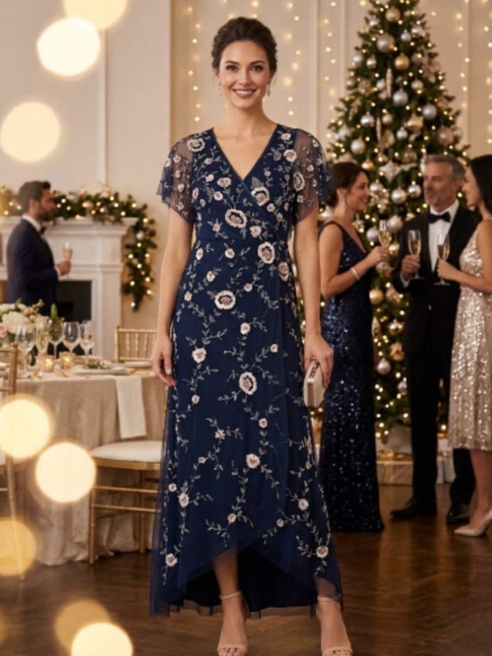Adrianna Papell Navy Beaded Flutter Sleeve Gown Maxi Dress Floral Mesh size 8